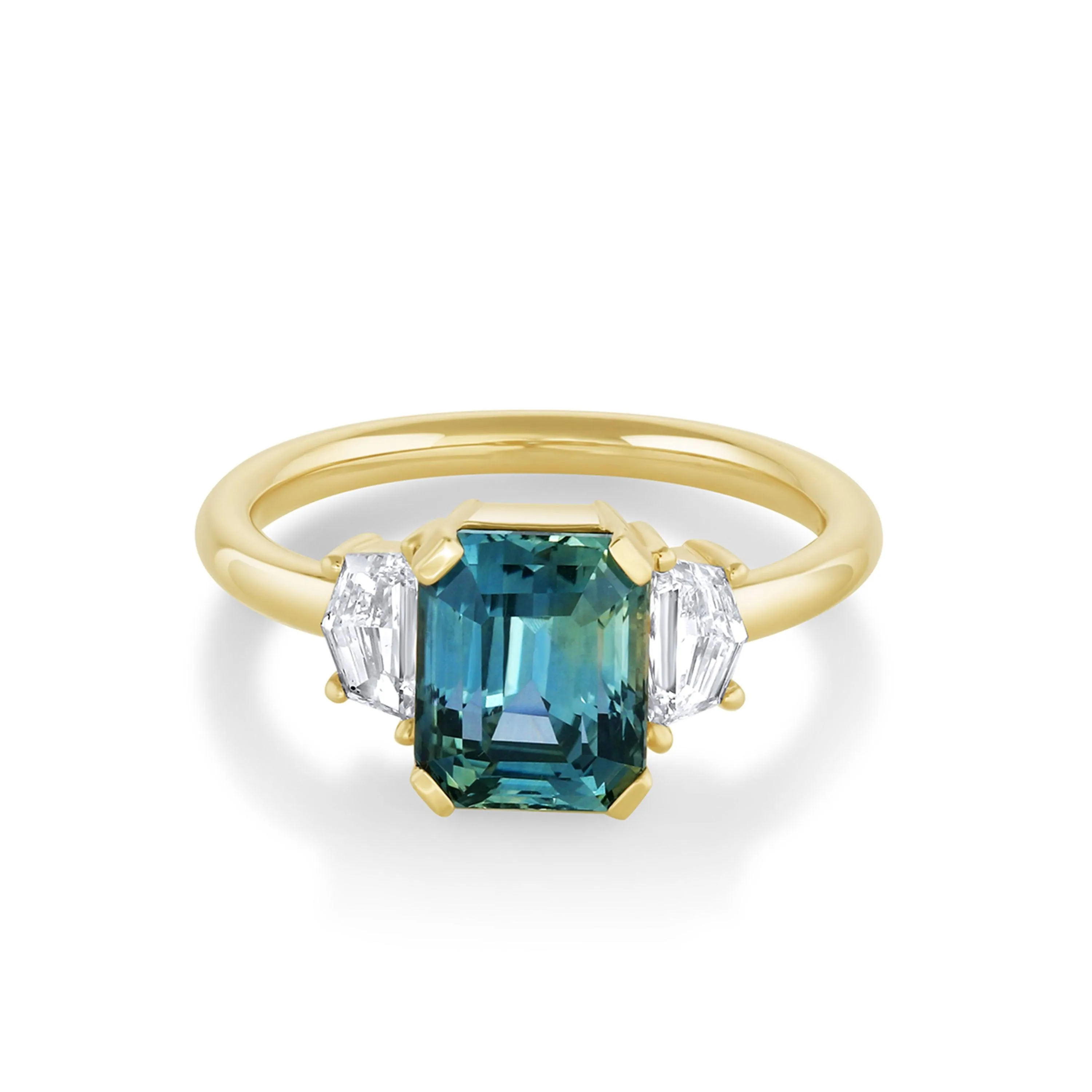3.66ct Teal Sapphire & White Diamond Three Stone Ring sold by Marrow Fine