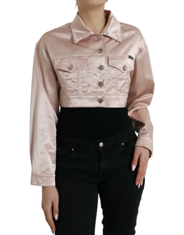 Elegant Pink Cropped Denim Jacket sold by Louxly