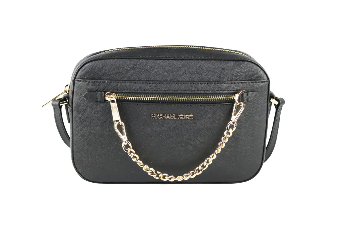 Jet Set Item Large East West Saffiano Leather Zip Chain Crossbody Handbag (Black Solid/Gold) sold by Louxly