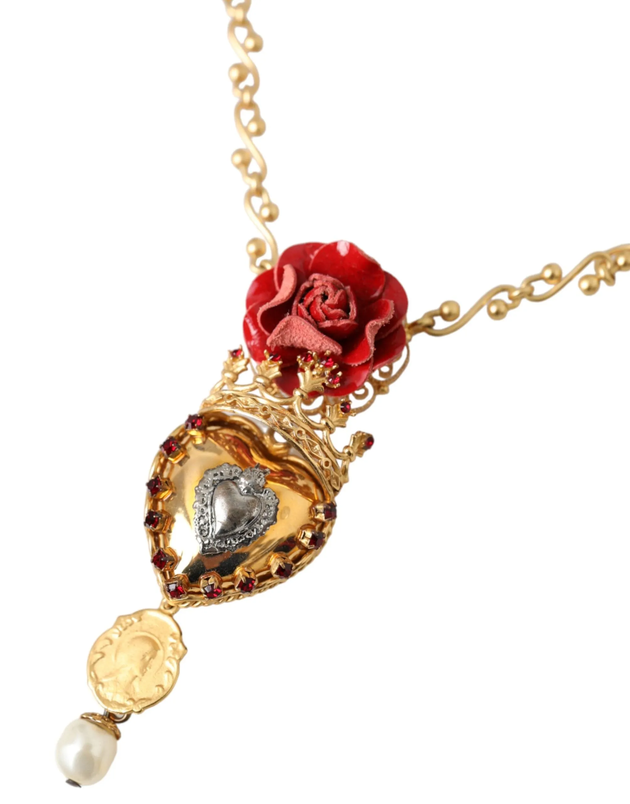 Gold BrassChain Sacred Heart Rose Crystal Charm Necklace sold by Louxly product image thumbnail 3