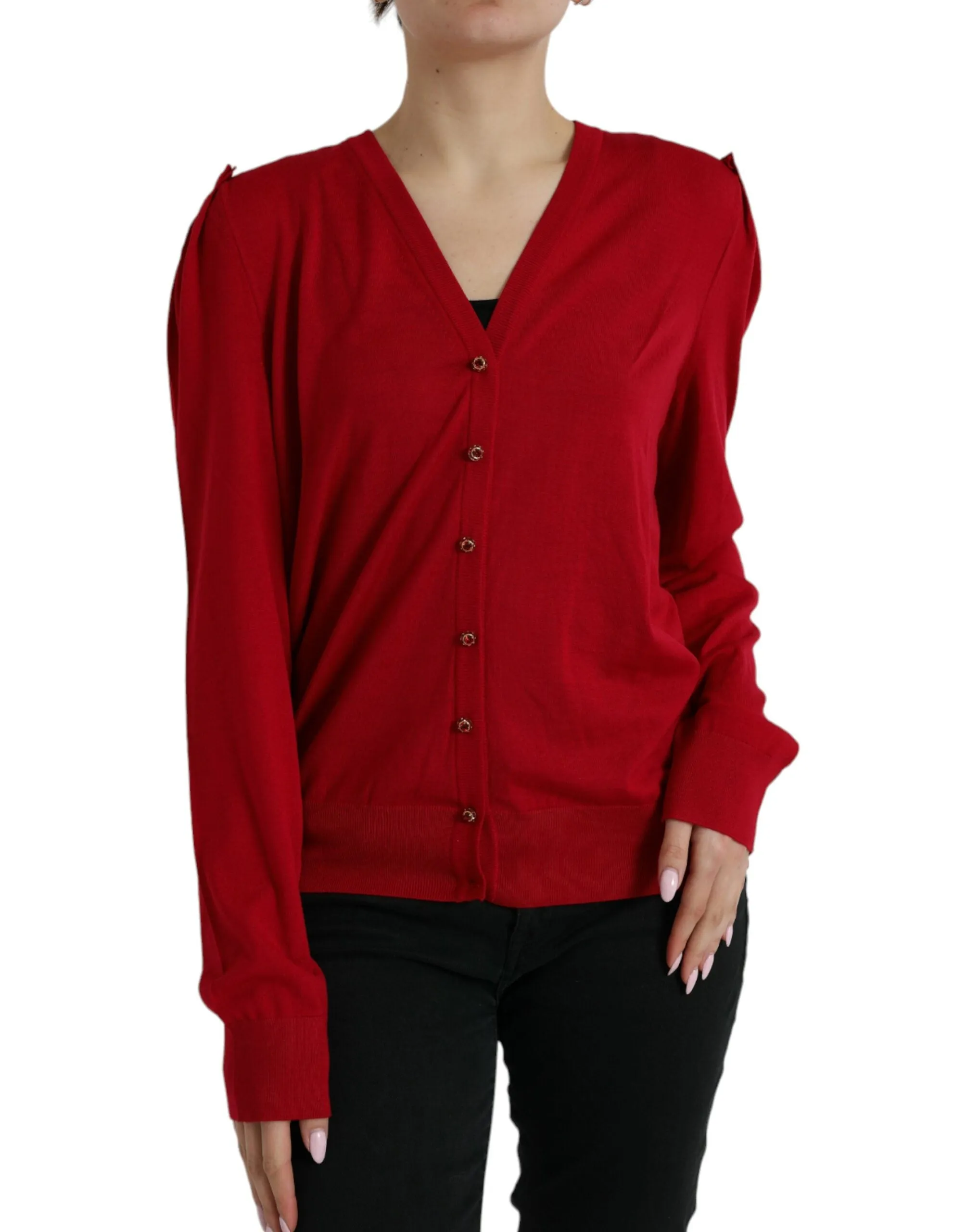Elegant Red V-Neck Wool Cardigan sold by Louxly