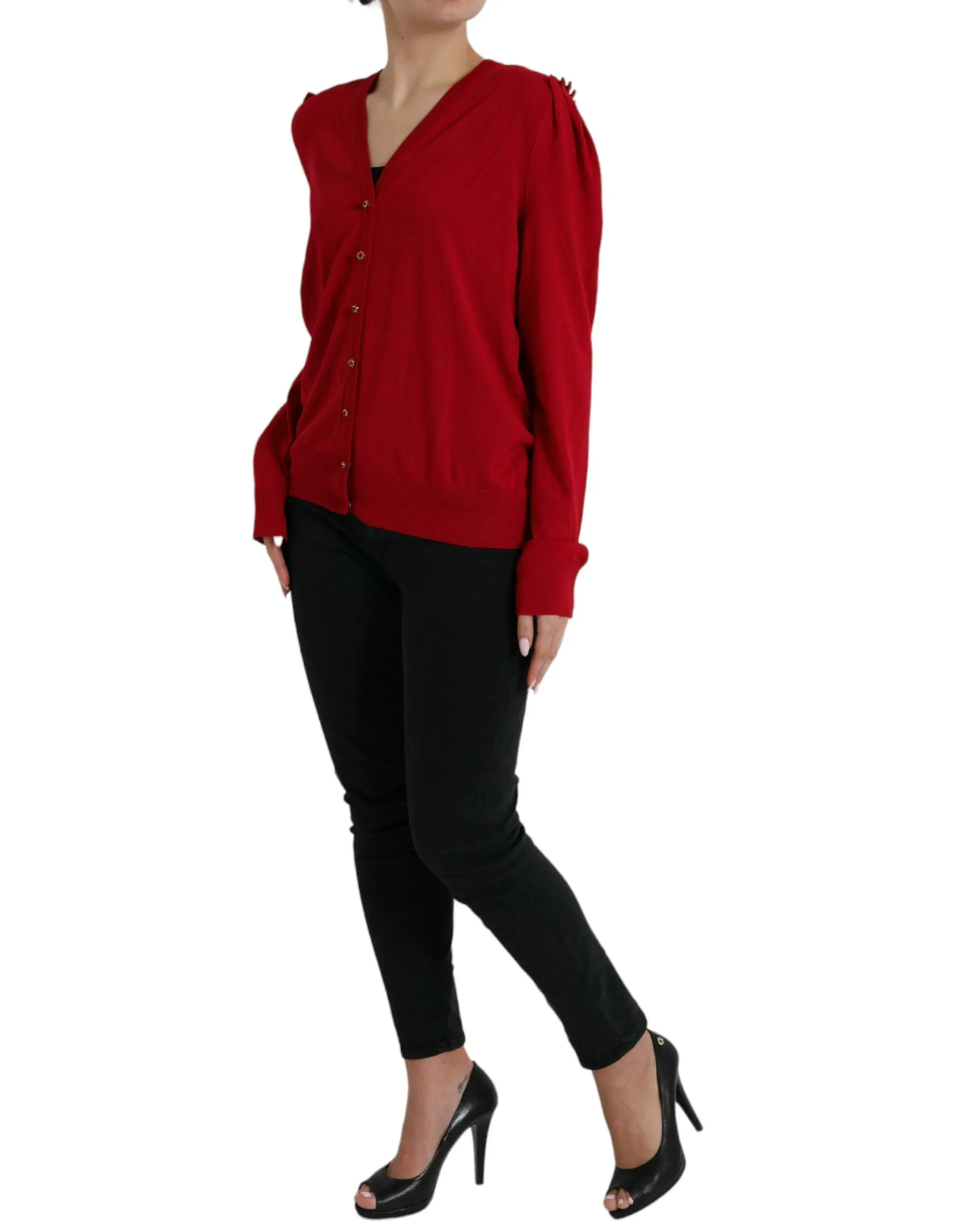 Elegant Red V-Neck Wool Cardigan sold by Louxly product image thumbnail 2