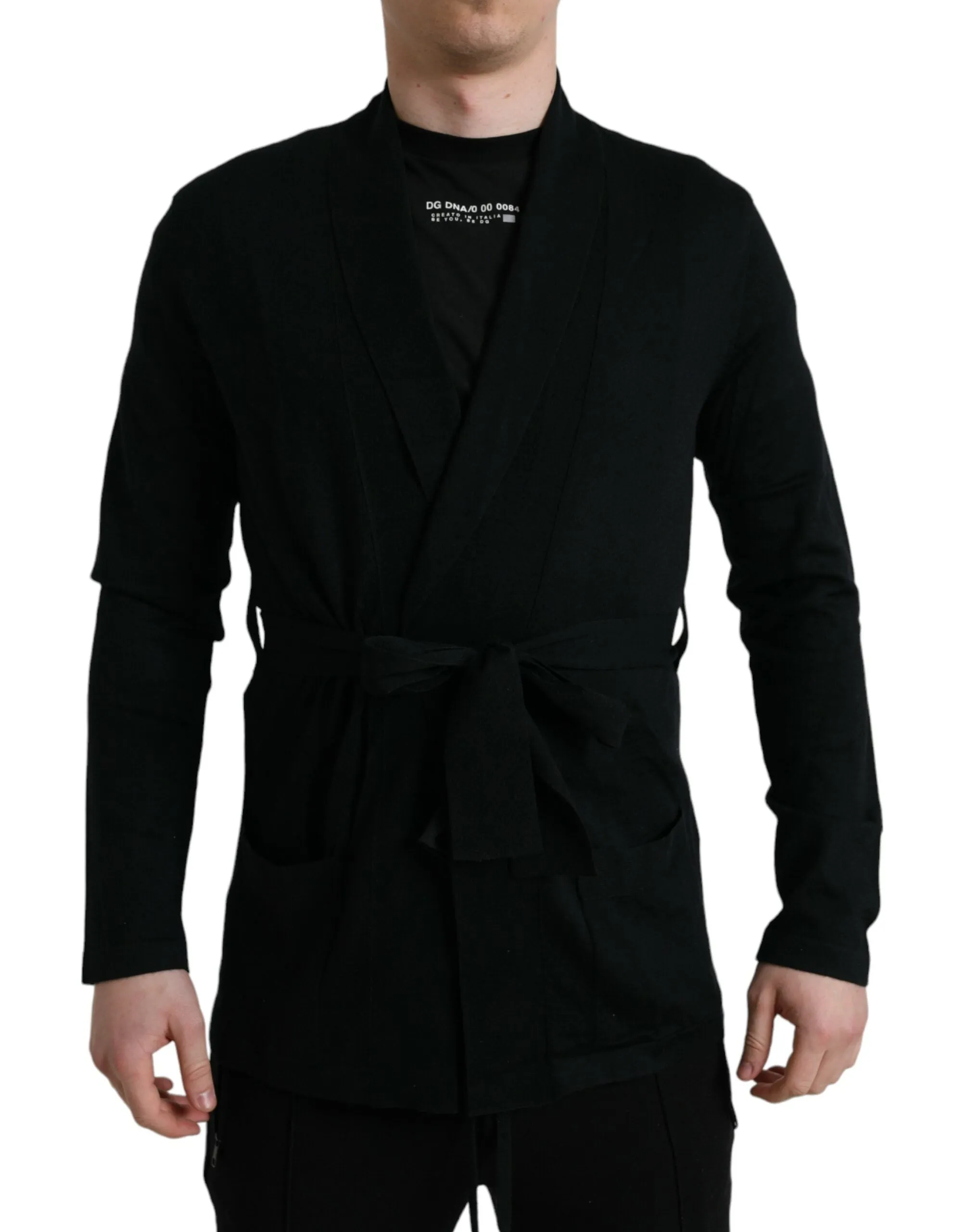Elegant Black Cashmere Robe with Waist Belt sold by Louxly