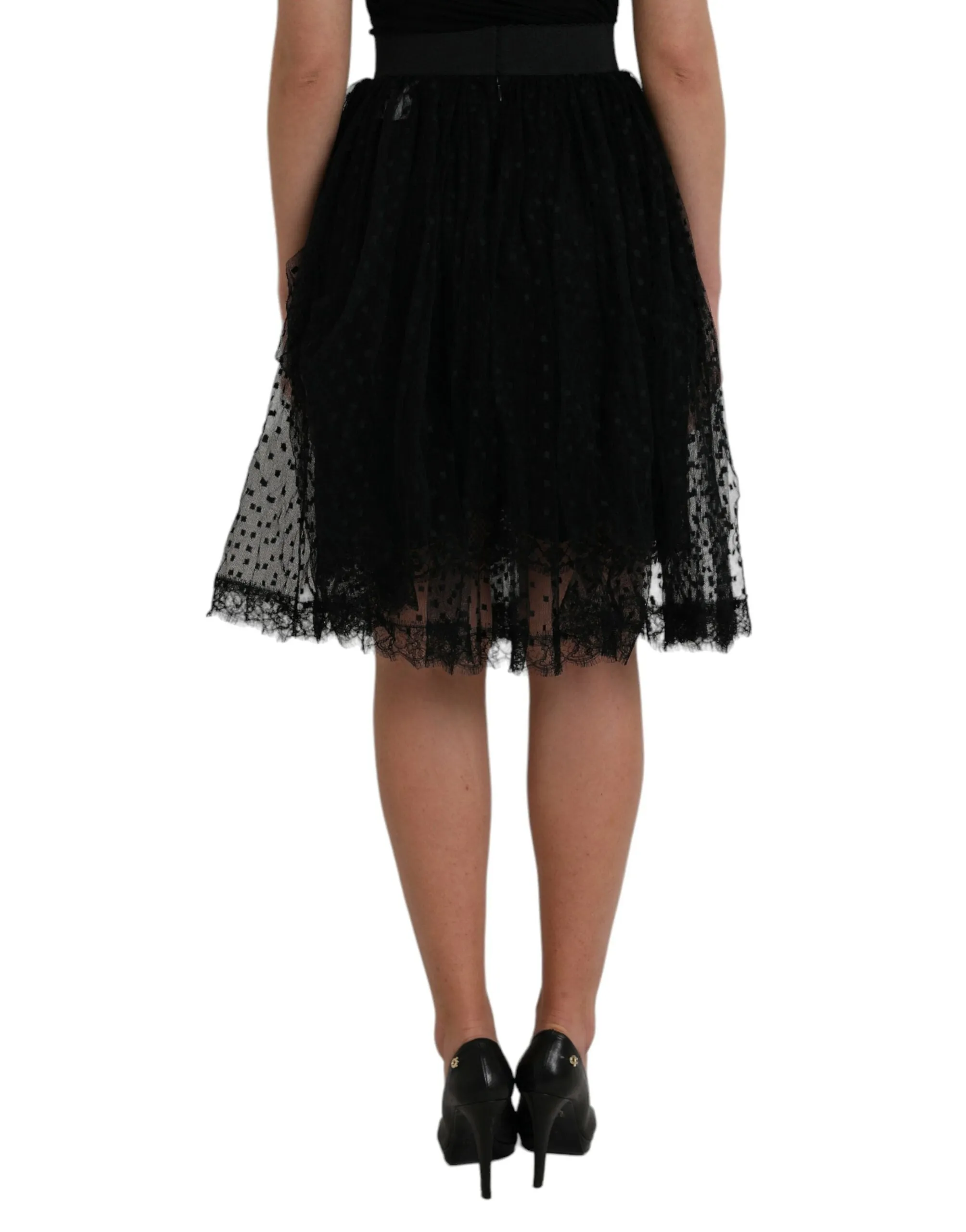 Black Nylon Lace Trim High Waist A-line Skirt sold by Louxly product image thumbnail 4