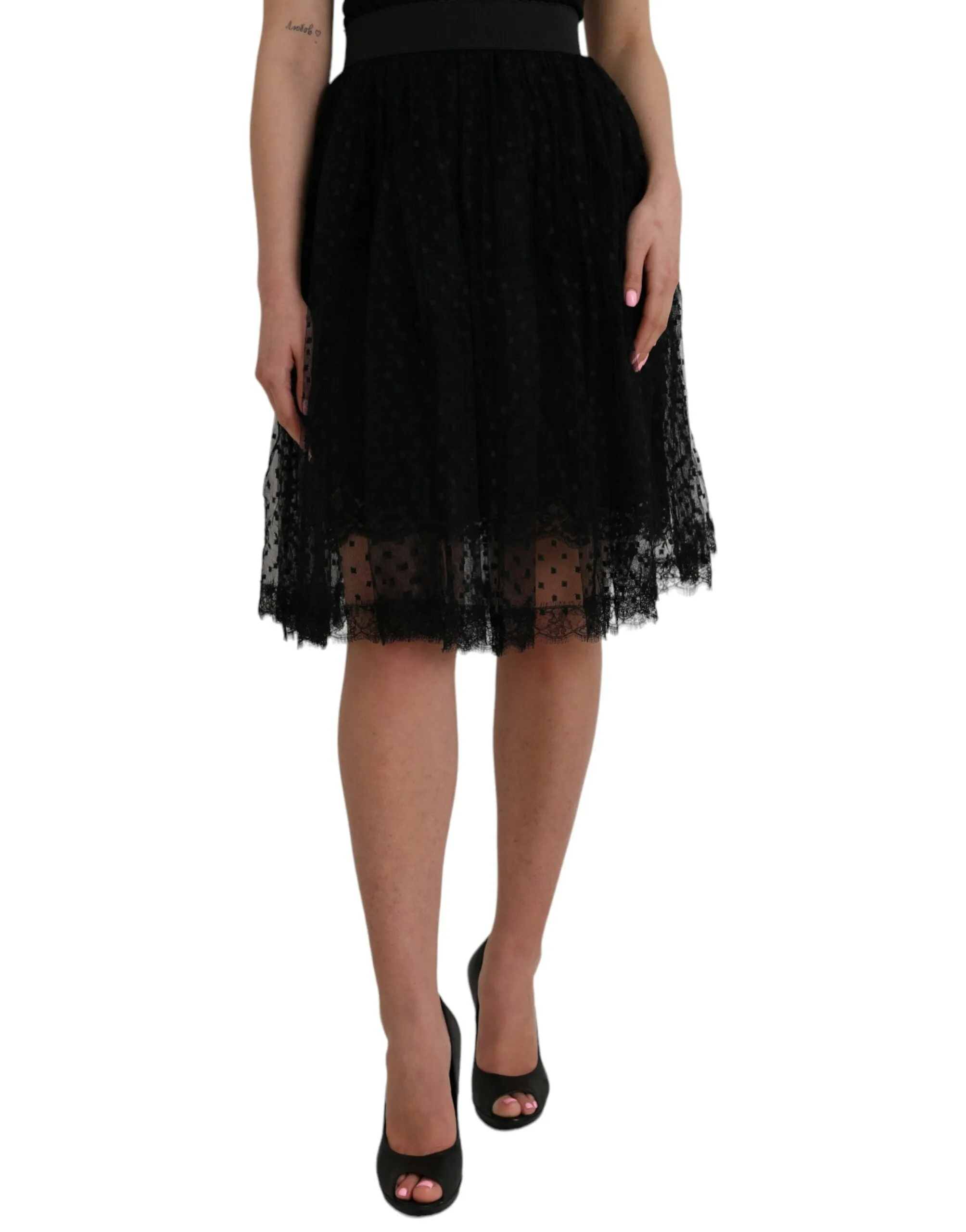 Black Nylon Lace Trim High Waist A-line Skirt sold by Louxly