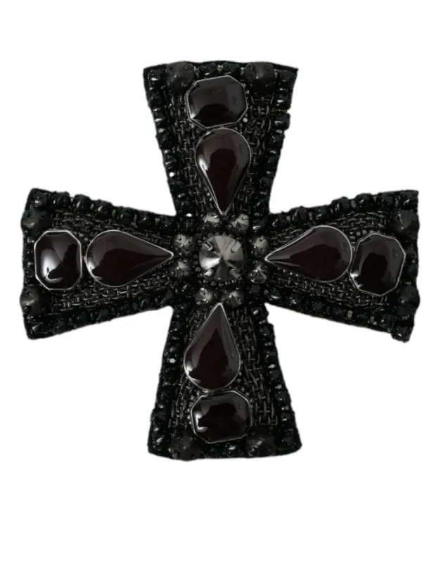 Black Crystals Embellished Cross Pin Brooch sold by Louxly