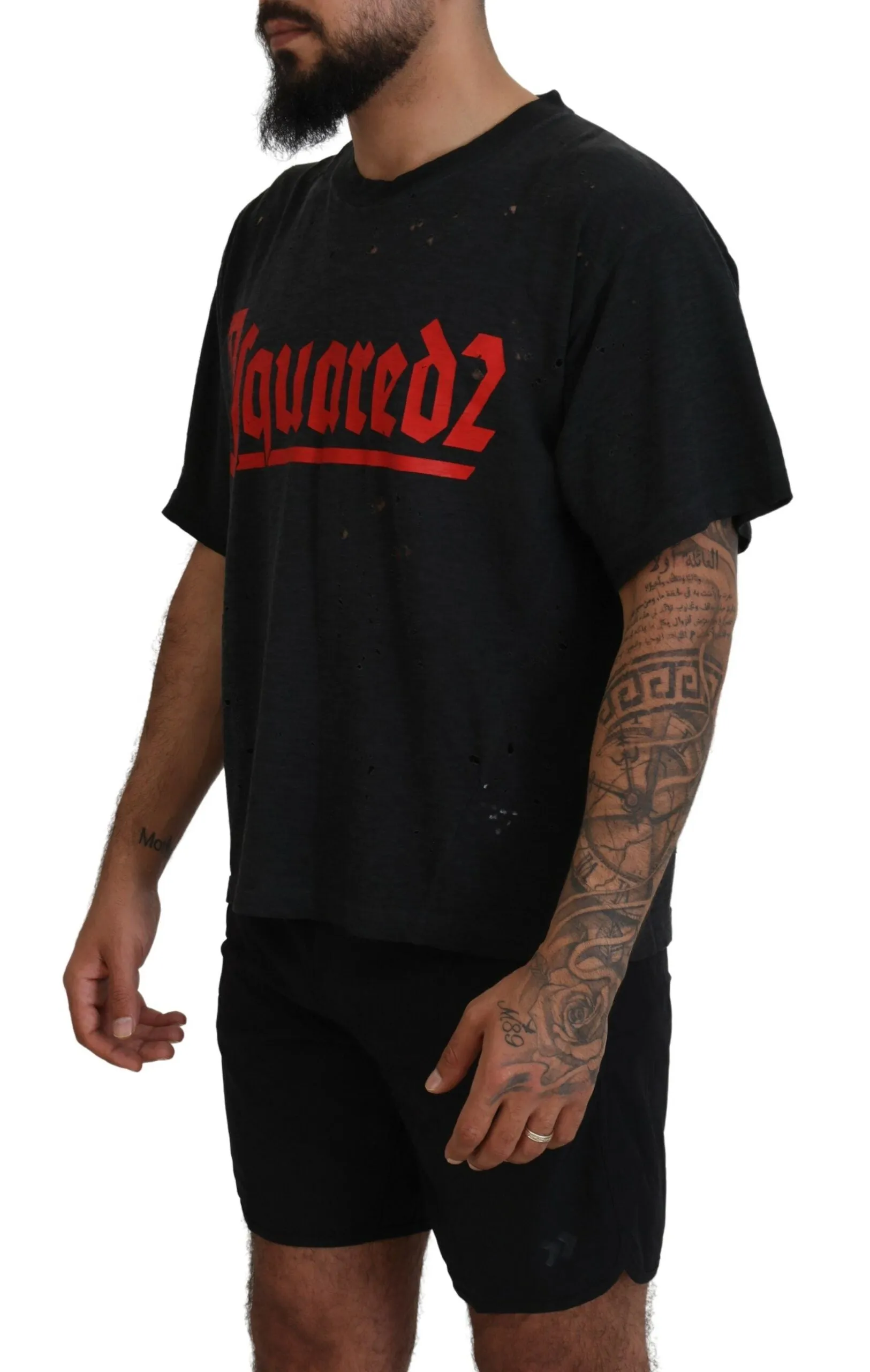 Black Cotton Short Sleeves Crewneck T-shirt sold by Louxly product image thumbnail 2