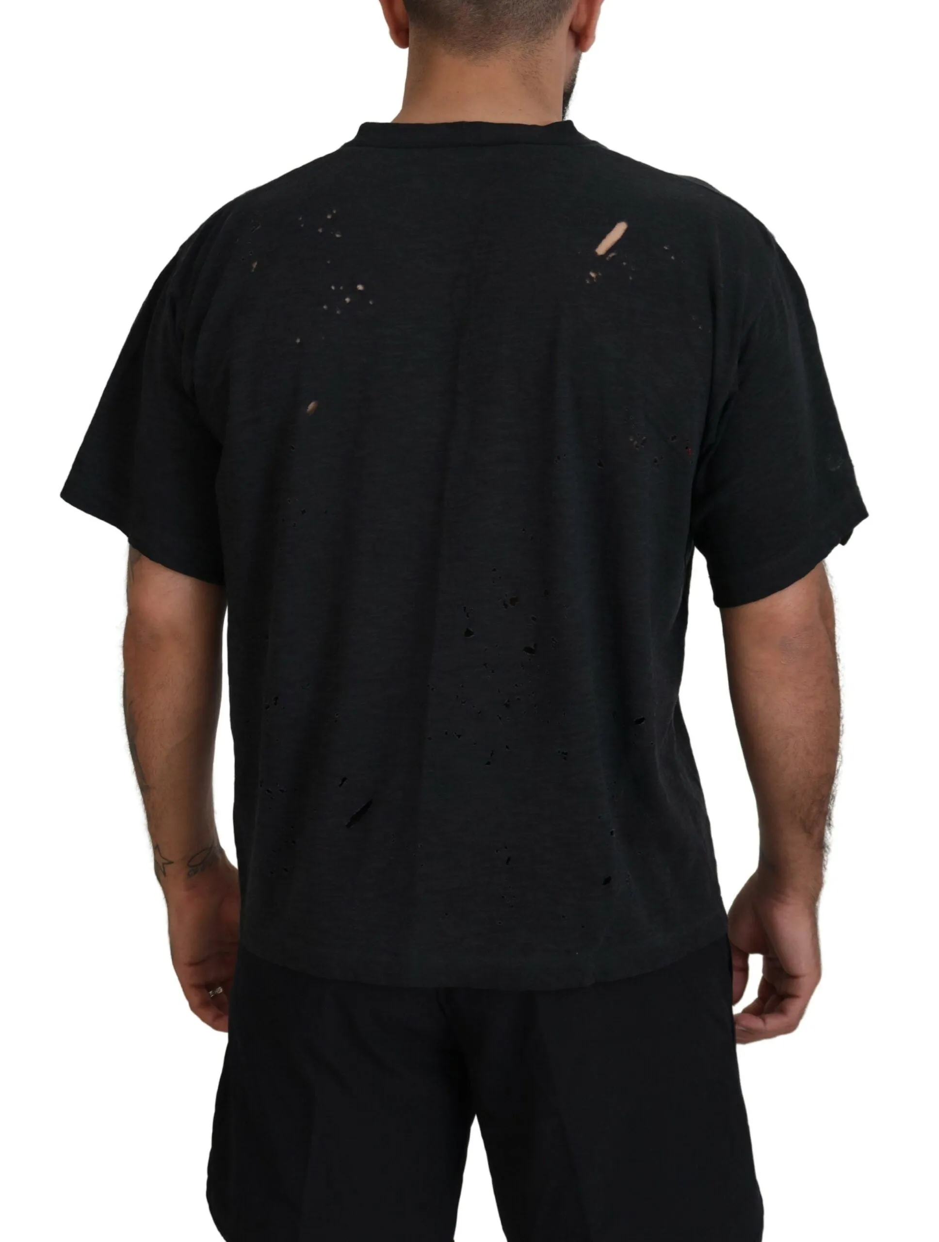 Black Cotton Short Sleeves Crewneck T-shirt sold by Louxly product image thumbnail 3