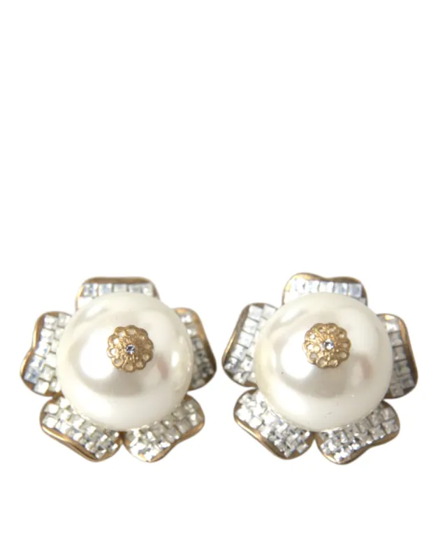 Gold Tone Maxi Faux Pearl Floral Clip-on Jewelry Earrings sold by Louxly
