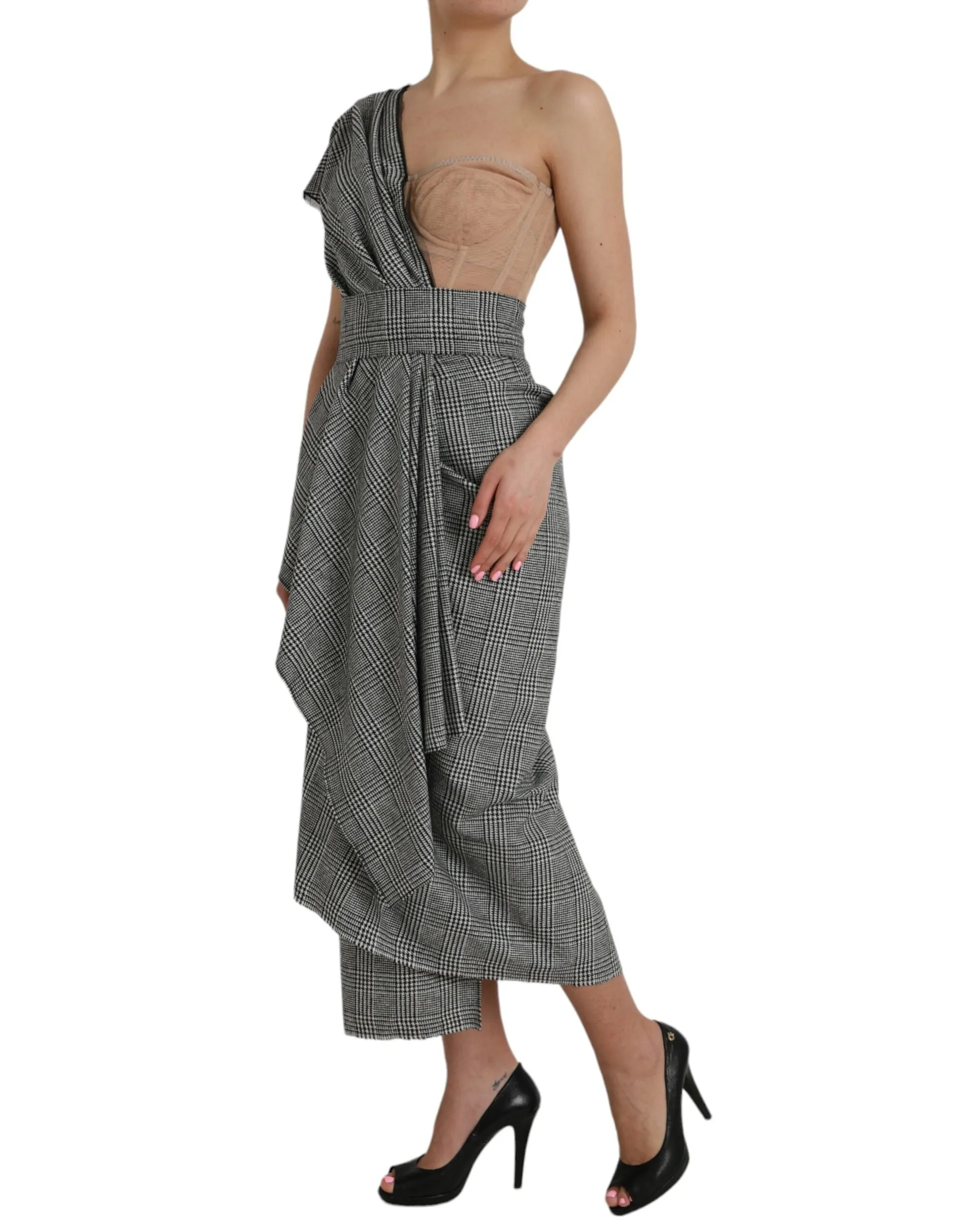 Gray Beige Layered One Shoulder Maxi Dress sold by Louxly product image thumbnail 3