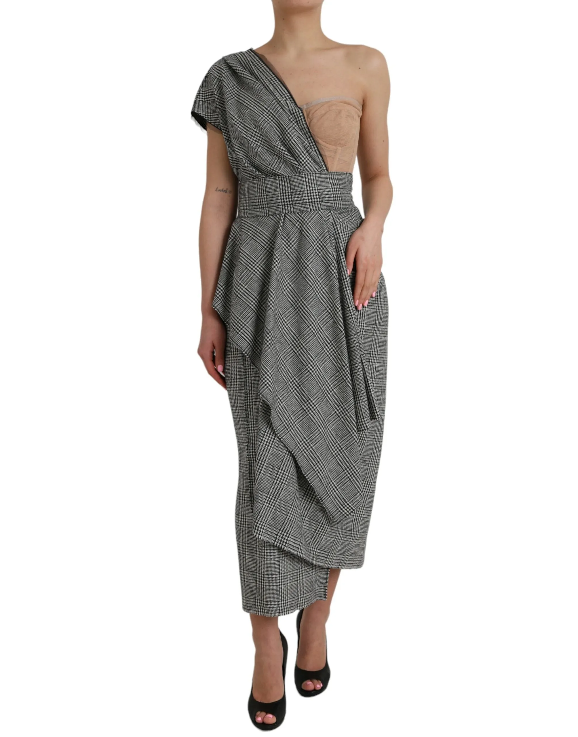 Gray Beige Layered One Shoulder Maxi Dress sold by Louxly