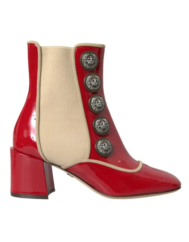 Red Beige Leather Embellished Mid Calf Boots Shoes sold by Louxly