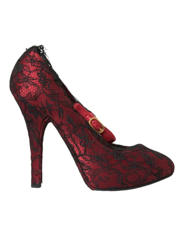 Red Black Floral Lace Mary Jane Pumps Shoes sold by Louxly