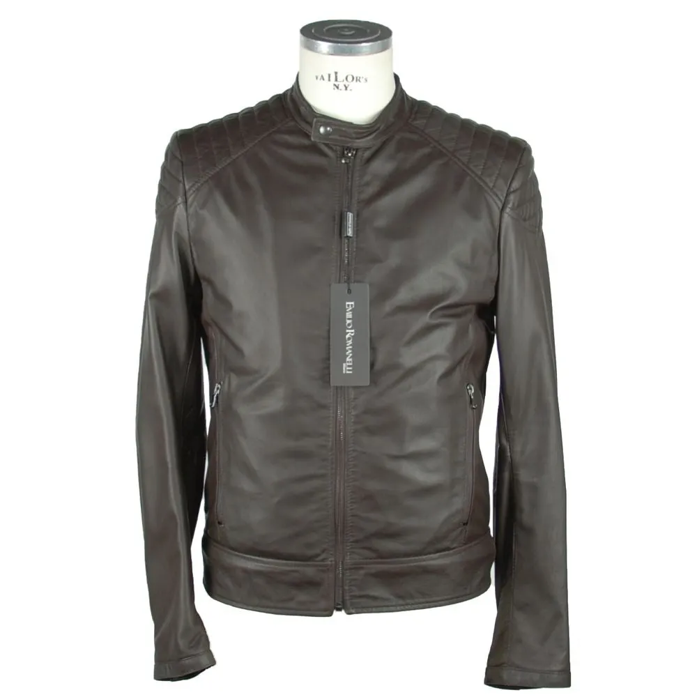 Elegant Brown Leather Zip Jacket sold by Louxly