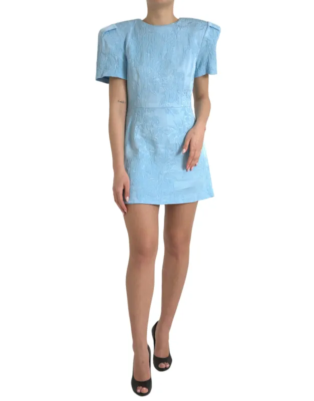 Elegant Sky-Blue Floral Jacquard Mini Dress sold by Louxly