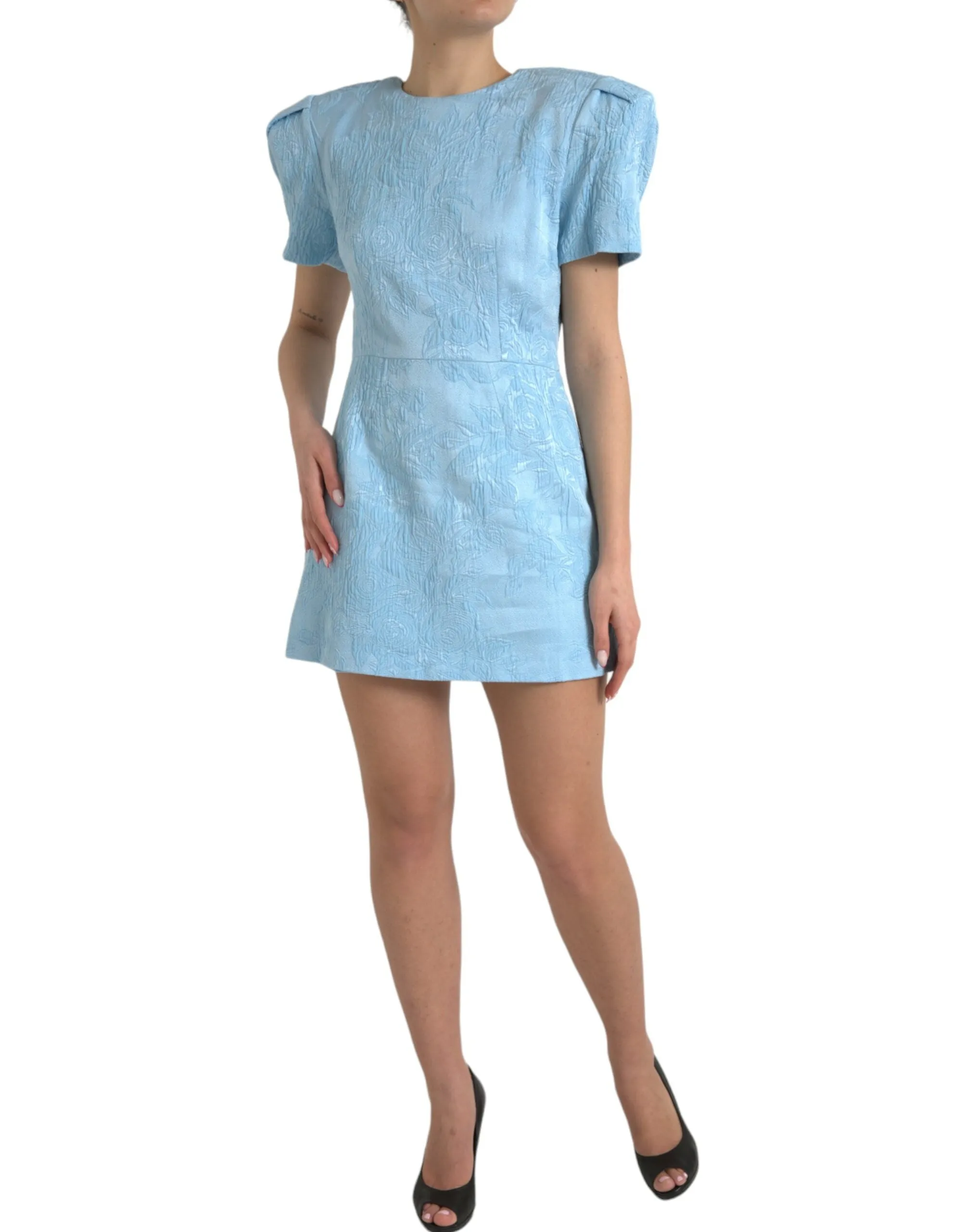 Elegant Sky-Blue Floral Jacquard Mini Dress sold by Louxly product image thumbnail 2