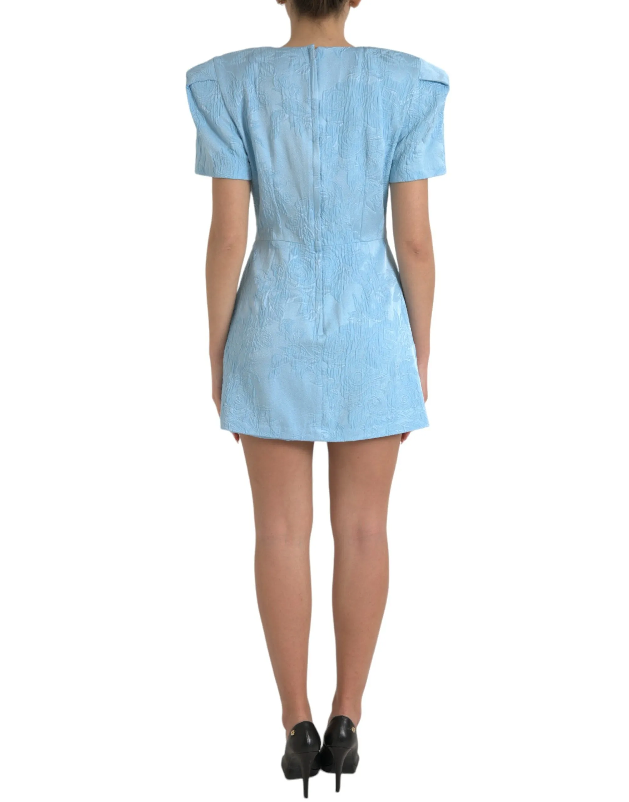 Elegant Sky-Blue Floral Jacquard Mini Dress sold by Louxly product image thumbnail 3