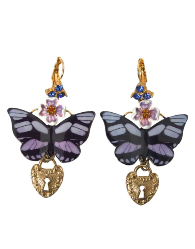 Gold Purple Crystal Butterfly Heart Locket Earrings sold by Louxly