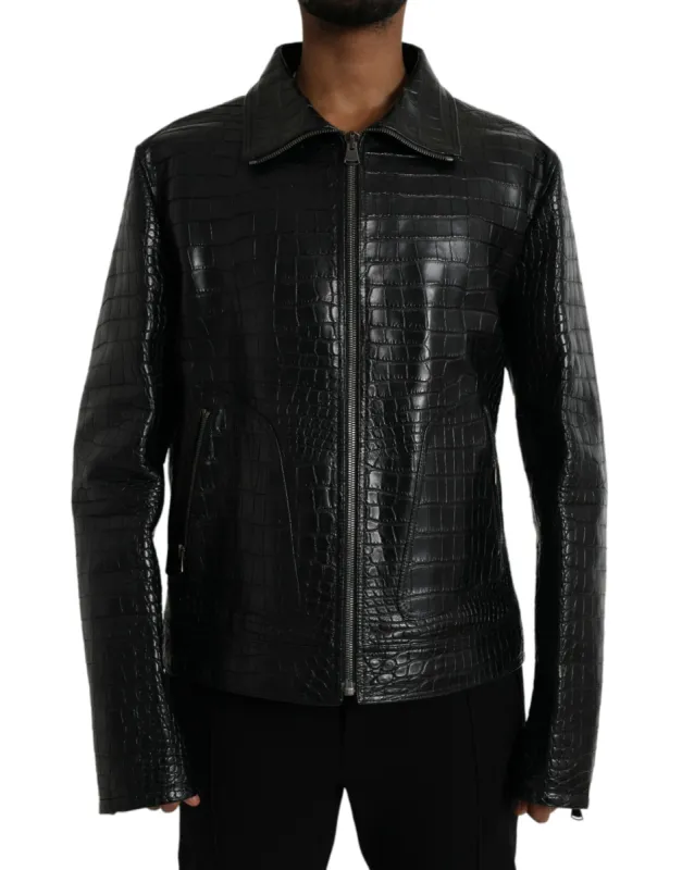 Black Exotic Leather Full Zip Jacket sold by Louxly