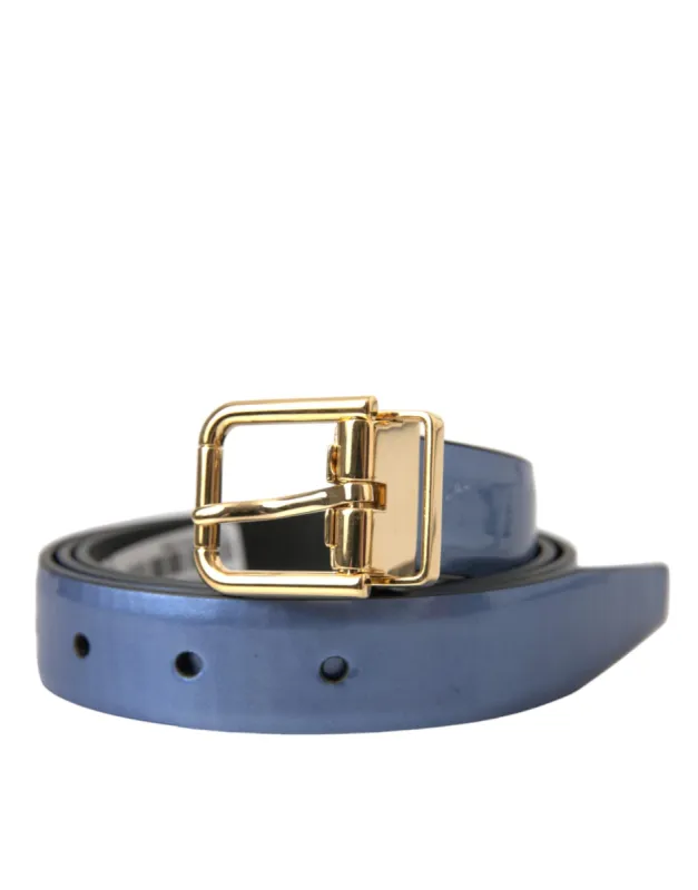 Metallic Blue Leather Gold Metal Buckle Belt sold by Louxly