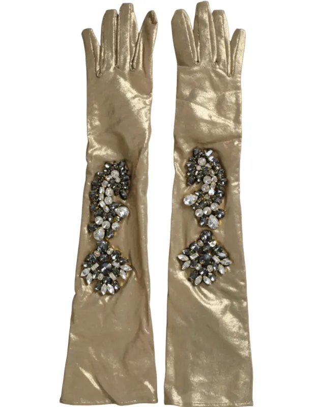 Beige Satin Crystal Elbow Length Gloves sold by Louxly