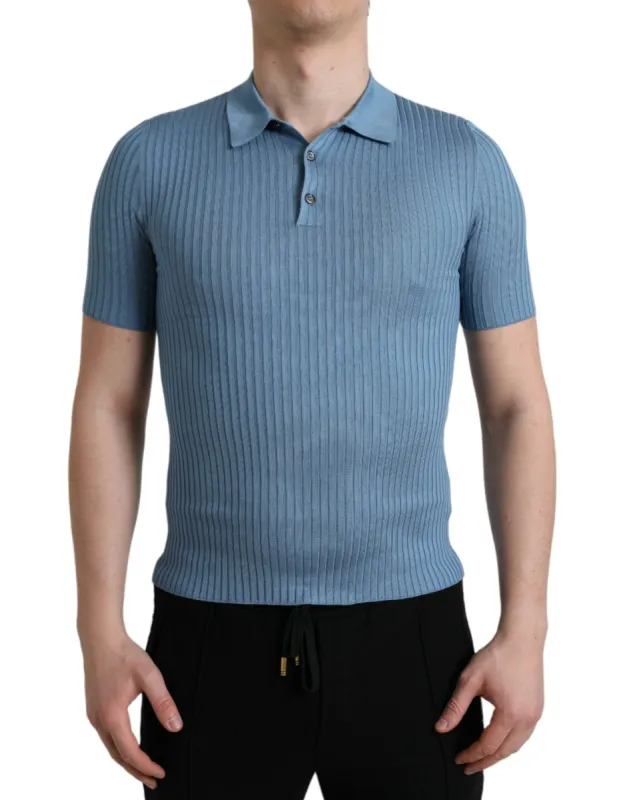 Silk Henley Polo Tee in Sky Blue sold by Louxly
