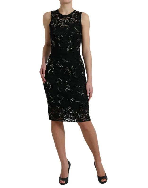 Exquisite Black Floral Lace Crystal Sheath Dress sold by Louxly