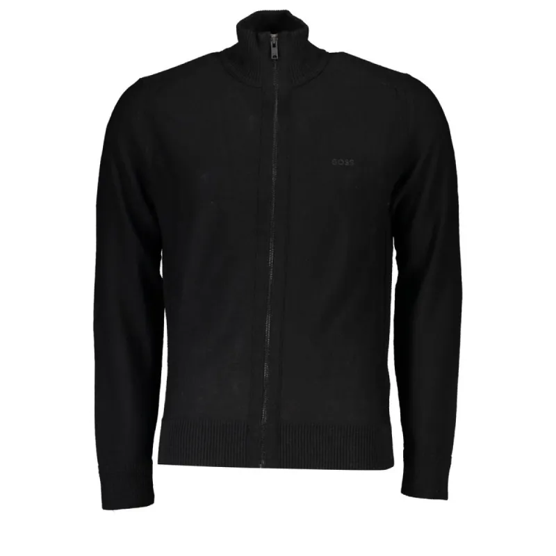 Sleek Black Wool Blend Cardigan with Embroidered Logo sold by Louxly