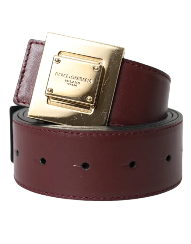 Burgundy Leather Square Metal Buckle Belt sold by Louxly
