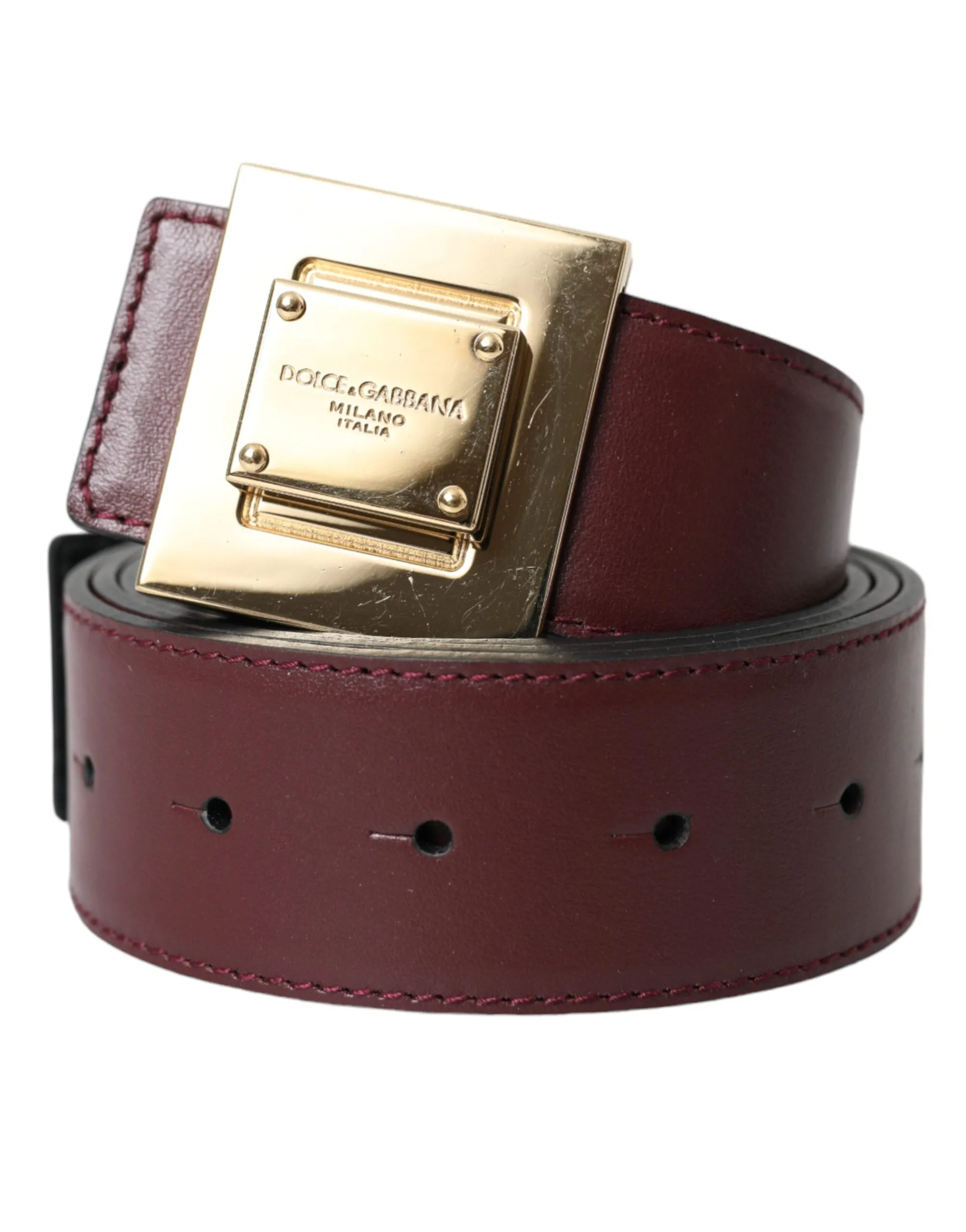 Burgundy Leather Square Metal Buckle Belt sold by Louxly