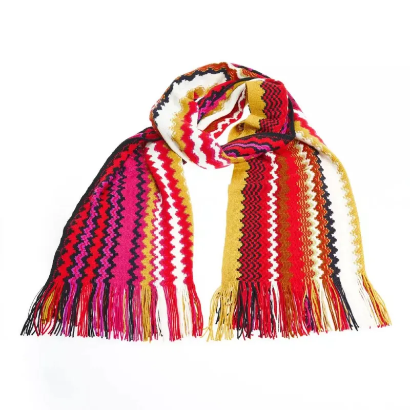 Geometric Patterned Fringed Scarf in Vibrant Hues sold by Louxly