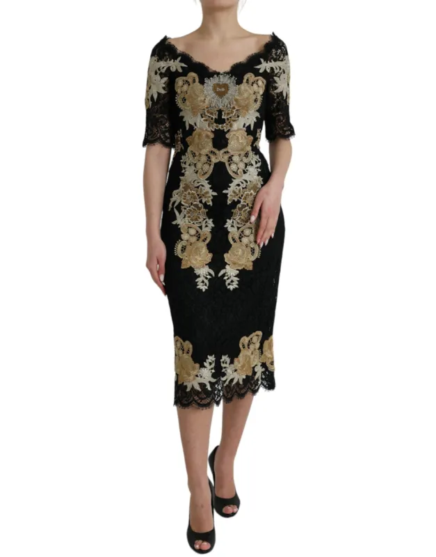 Black Floral Lace Cotton Sheath Midi Dress sold by Louxly