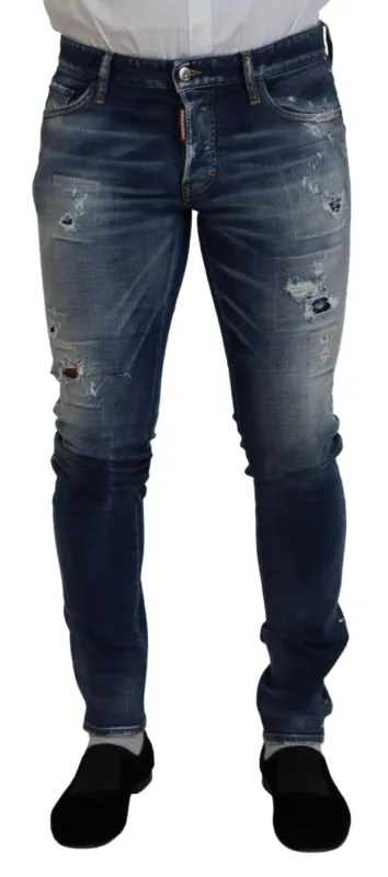 Blue Washed Cotton Tattered Skinny Denim Jeans made by Louxly