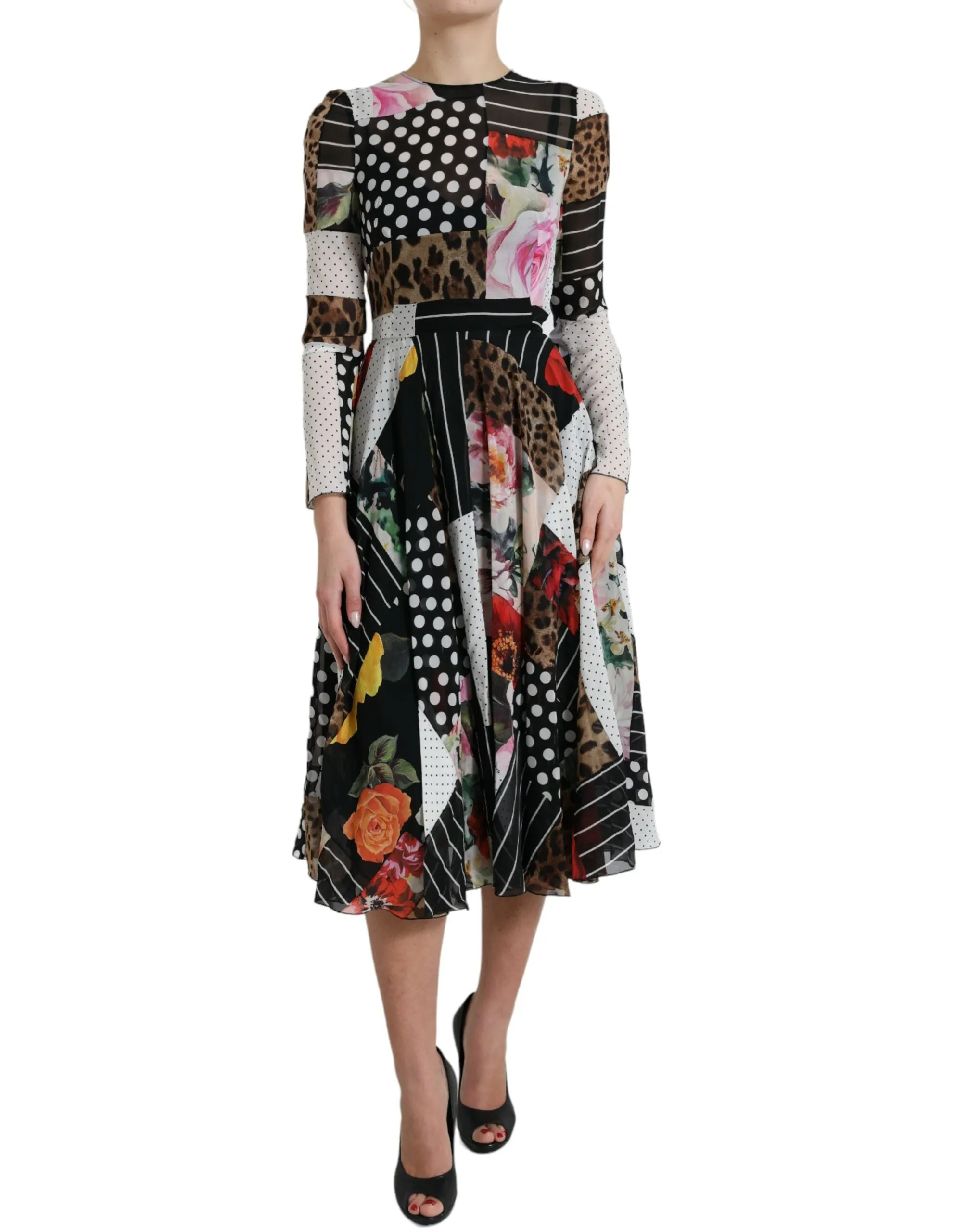 Elegant Patchwork Silk Midi A-Line Dress sold by Louxly