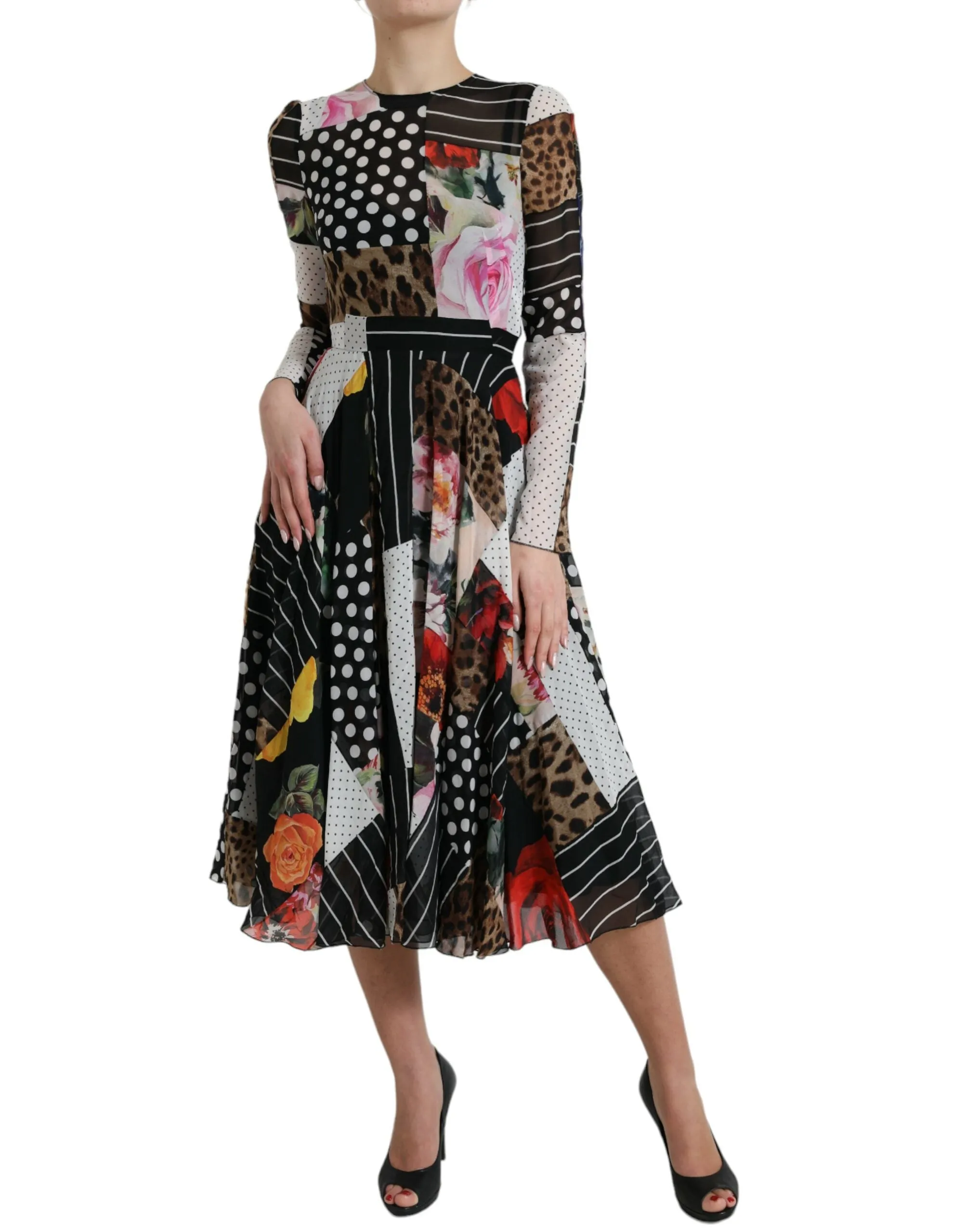 Elegant Patchwork Silk Midi A-Line Dress sold by Louxly product image thumbnail 2