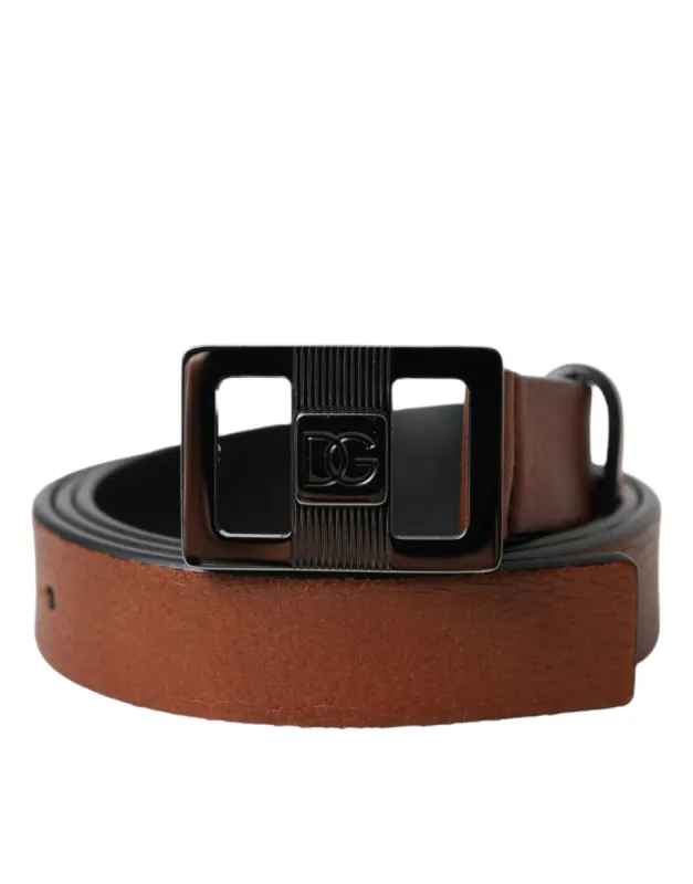 Dark Brown Leather Square Metal Buckle Belt sold by Louxly