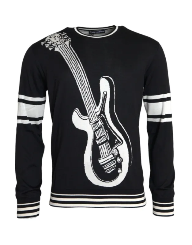 Black White Guitar Print Silk Pullover Sweater sold by Louxly
