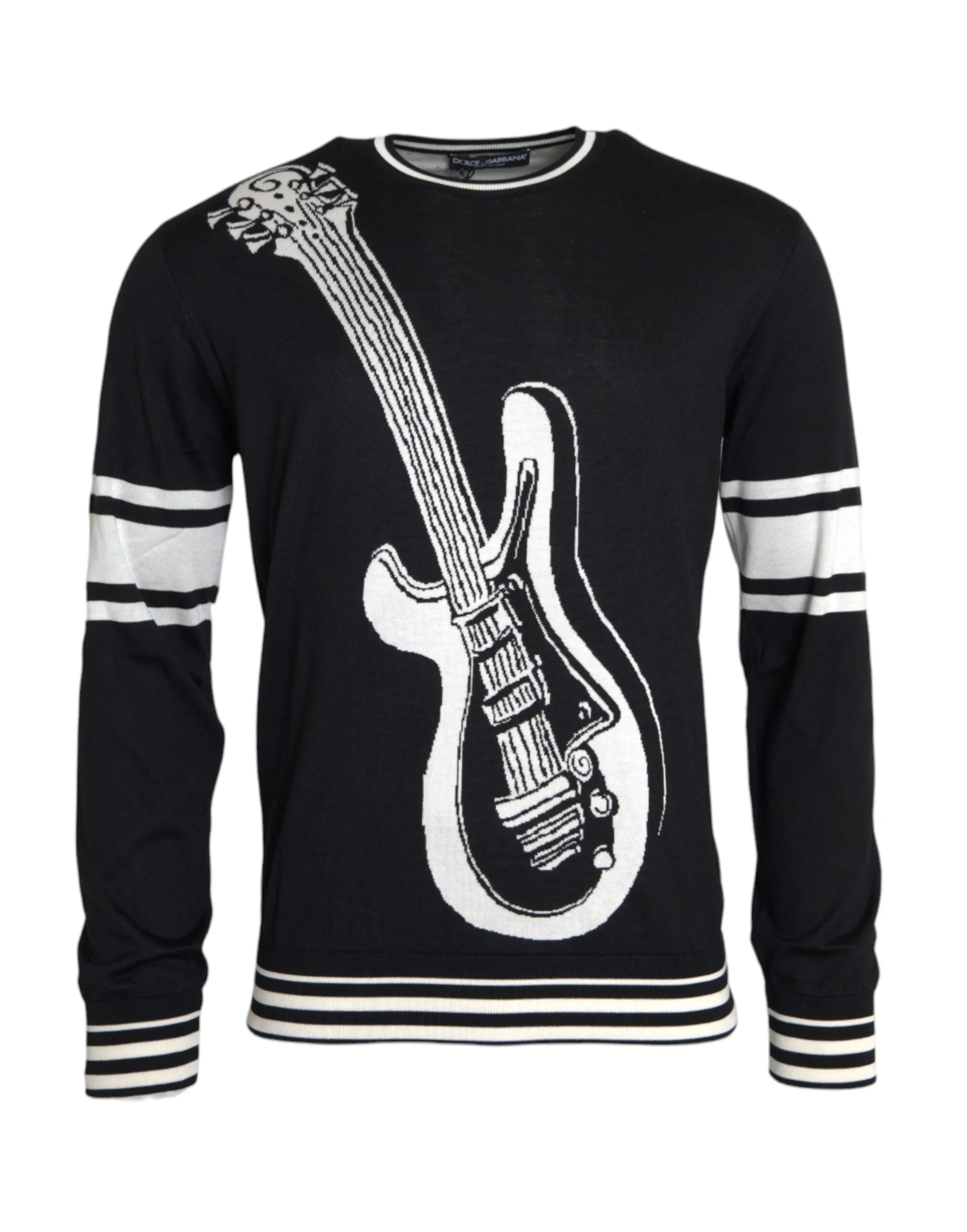 Black White Guitar Print Silk Pullover Sweater sold by Louxly product image thumbnail 3