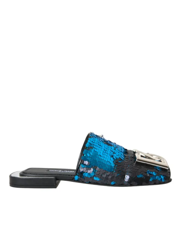 Blue Sequin Logo Slides Sandals Shoes sold by Louxly