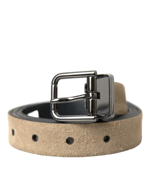 Beige Suede Leather Silver Metal Buckle Belt sold by Louxly