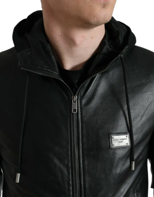 Elegant Black Leather Hooded Zip Jacket sold by Louxly