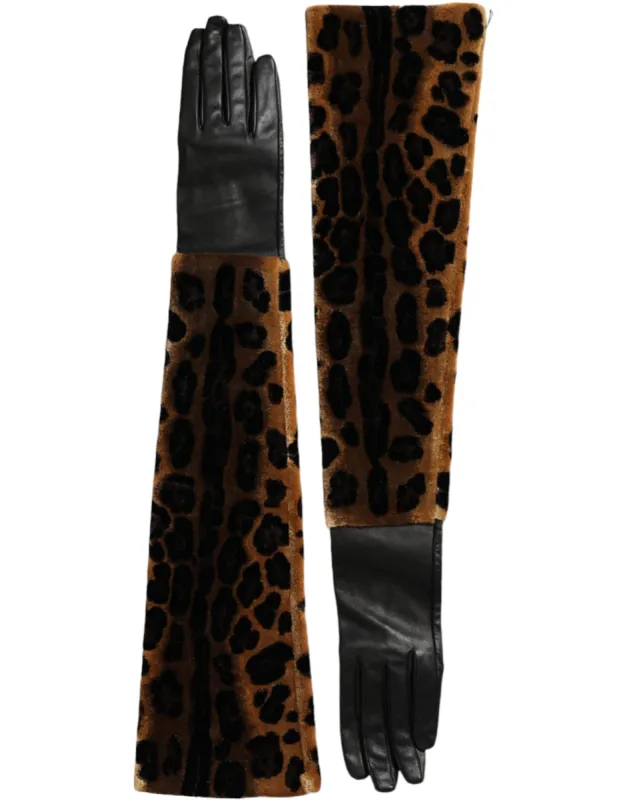 Brown Black Leopard Leather Elbow Length Gloves sold by Louxly