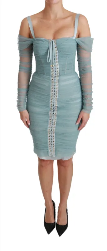 Elegant Blue Off Shoulder Silk-Blend Dress made by Louxly
