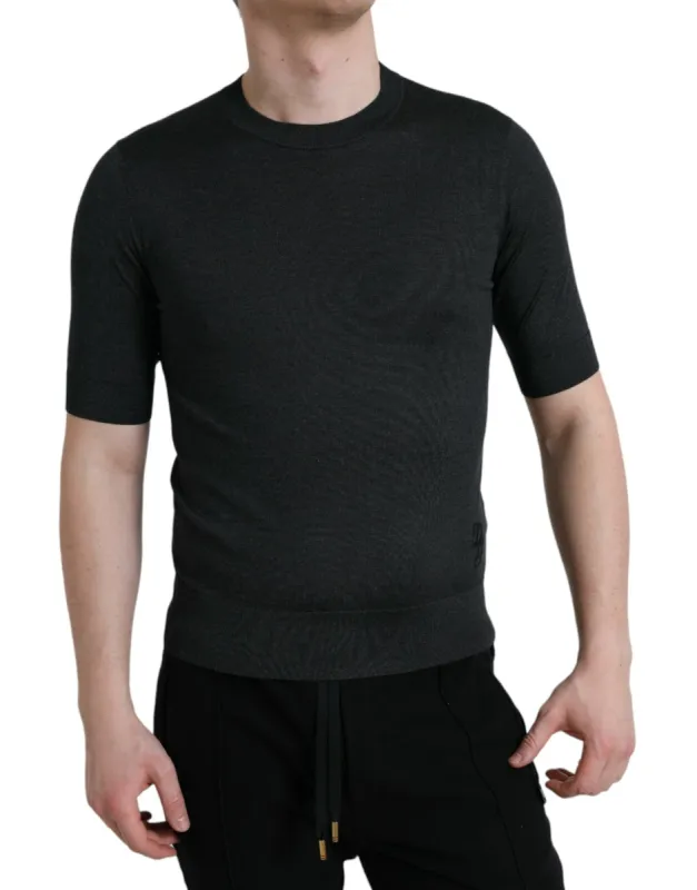 Elegant Silk Crew Neck Tee in Dark Grey sold by Louxly