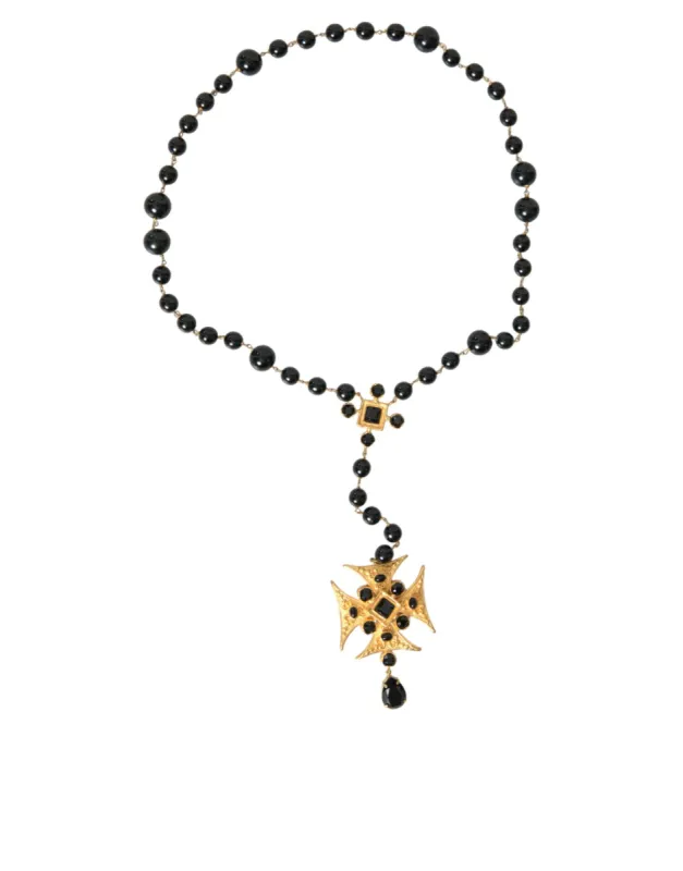 Gold Tone Brass Cross Black Beaded Chain Rosary Necklace sold by Louxly