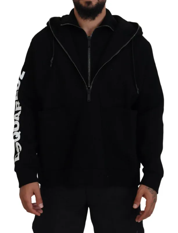 Black Hooded Printed Sleeves Double Zip Sweater sold by Louxly