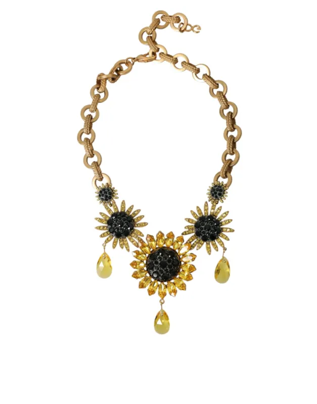 Gold Tone Brass Sunflower Crystal Embellished Necklace sold by Louxly
