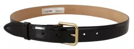 Black Leather Gold Metal Logo Engraved Buckle Belt sold by Louxly