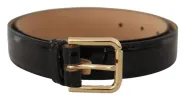 Black Leather Gold Metal Logo Engraved Buckle Belt sold by Louxly