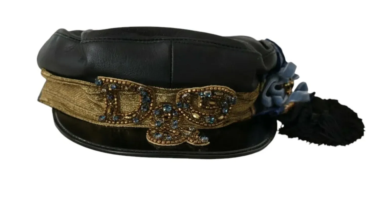 Black Leather Crystal Beads Gold Ribbon Fiddler Cap sold by Louxly